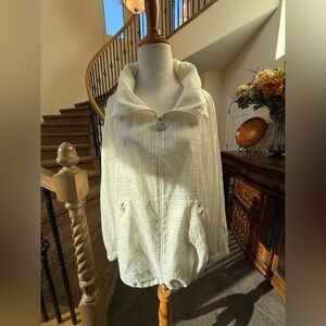 AKRIS Silk Blend Organza Jacket White Zip Sheer Stripe Luxury Oversized Collar